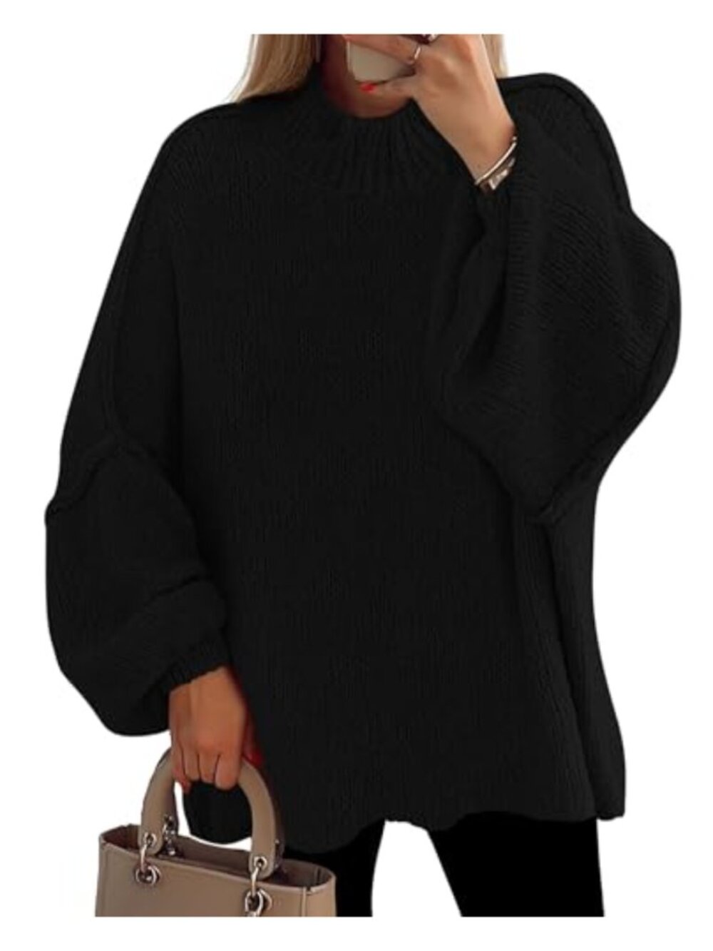 Womens Oversized Chunky Knit Mock Neck Pullover Sweater
